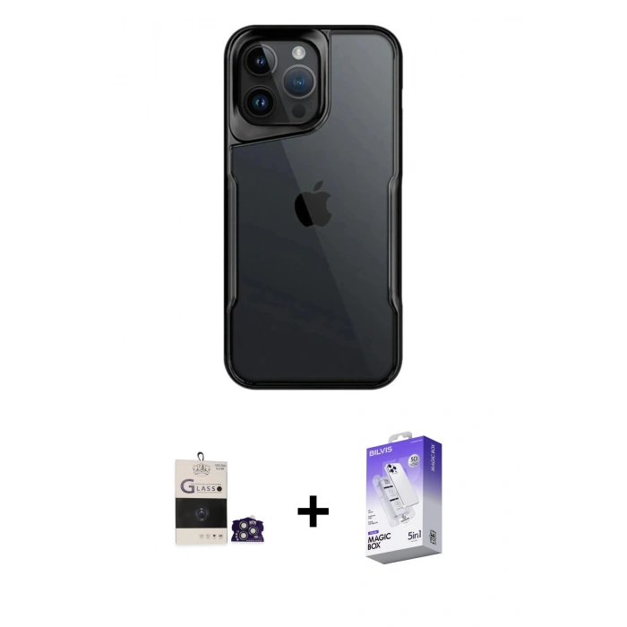 MARSİLYAN™- iPhone 14 Pro Max Kılıf Akış Çizgi Koleksiyonu - Siyah Bilvis 5in1 3D Magic Cam Ekran Koruyucu + Bilvis Titan Kamera Lens - GS