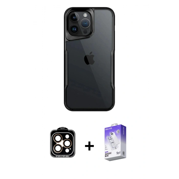 MARSİLYAN™- iPhone 14 Pro Max Kılıf Akış Çizgi Koleksiyonu - Siyah Bilvis 5in1 3D Magic Cam Ekran Koruyucu + Turuncu PVD Metal Kamera Lens