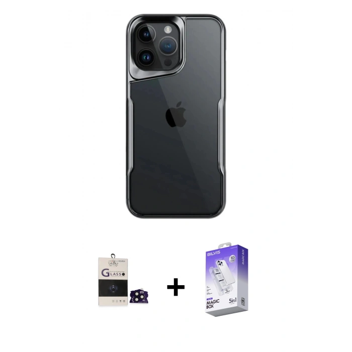 MARSİLYAN™- iPhone 14 Pro Max Kılıf Akış Çizgi Koleksiyonu - Siyah Bilvis 5in1 3D Magic Cam Ekran Koruyucu + Bilvis Titan Kamera Lens - SH