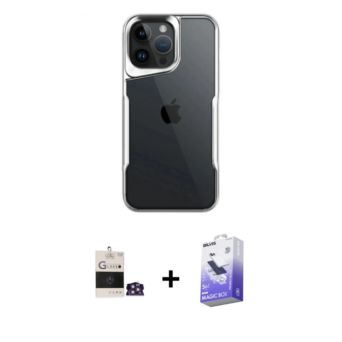 MARSİLYAN™- iPhone 14 Pro Max Kılıf Akış Çizgi Koleksiyonu - Siyah Bilvis 5in1 5D Magic Hayalet Cam Ekran Koruyucu + Bilvis Titan Kamera Lens - GS