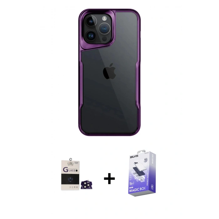 MARSİLYAN™- iPhone 14 Pro Max Kılıf Akış Çizgi Koleksiyonu - Siyah Bilvis 5in1 5D Magic Hayalet Cam Ekran Koruyucu + Derin Mor Bilvis Titan Kamera Lens