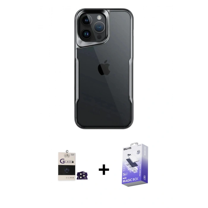 MARSİLYAN™- iPhone 14 Pro Max Kılıf Akış Çizgi Koleksiyonu - Siyah Bilvis 5in1 5D Magic Hayalet Cam Ekran Koruyucu + Derin Mor Bilvis Titan Kamera Lens