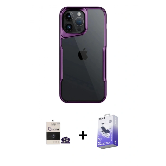 MARSİLYAN™- iPhone 14 Pro Max Kılıf Akış Çizgi Koleksiyonu - Siyah Bilvis 5in1 5D Magic Hayalet Cam Ekran Koruyucu + Bilvis Titan Kamera Lens - GS