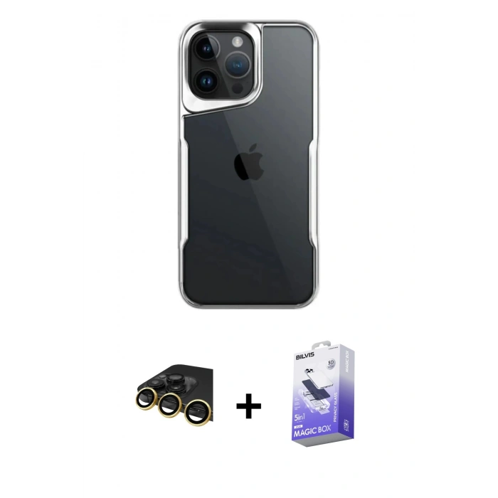 MARSİLYAN™- iPhone 14 Pro Max Kılıf Akış Çizgi Koleksiyonu - Siyah Bilvis 5in1 5D Magic Hayalet Cam Ekran Koruyucu + Raze Metal Kamera Lens - GD