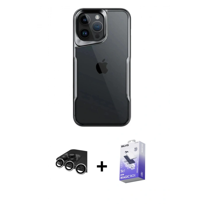 MARSİLYAN™- iPhone 14 Pro Max Kılıf Akış Çizgi Koleksiyonu - Siyah Bilvis 5in1 5D Magic Hayalet Cam Ekran Koruyucu + Raze Metal Kamera Lens - GS
