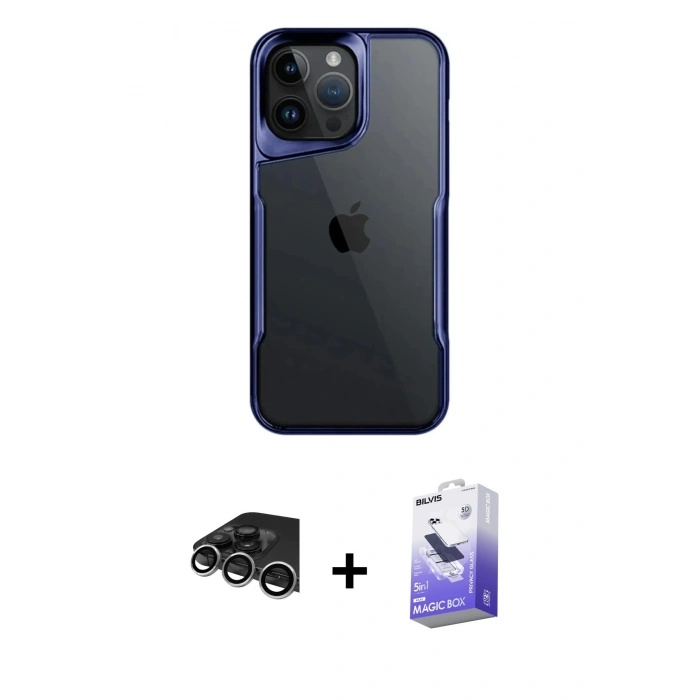 MARSİLYAN™- iPhone 14 Pro Max Kılıf Akış Çizgi Koleksiyonu - Siyah Bilvis 5in1 5D Magic Hayalet Cam Ekran Koruyucu + Raze Metal Kamera Lens - GS