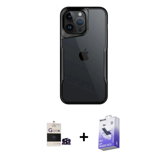 MARSİLYAN™- iPhone 14 Pro Max Kılıf Akış Çizgi Koleksiyonu - Siyah Bilvis 5in1 5D Magic Hayalet Cam Ekran Koruyucu + Bilvis Titan Kamera Lens - SH