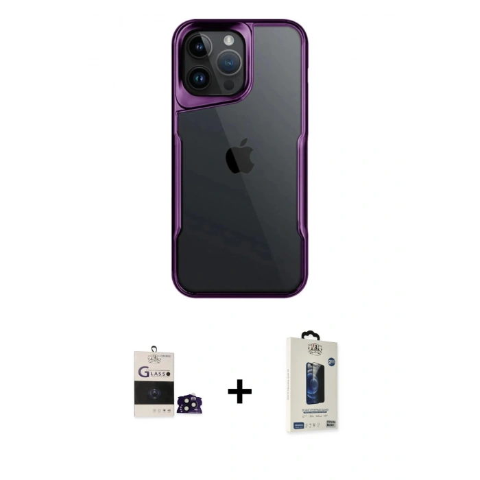 MARSİLYAN™- iPhone 14 Pro Max Kılıf Akış Çizgi Koleksiyonu - Siyah Bilvis Hayalet Cam Ekran Koruyucu + Bilvis Titan Kamera Lens - SH