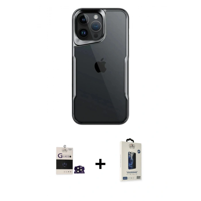 MARSİLYAN™- iPhone 14 Pro Max Kılıf Akış Çizgi Koleksiyonu - Siyah Bilvis Hayalet Cam Ekran Koruyucu + Bilvis Titan Kamera Lens - DNMR