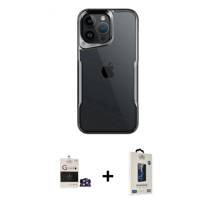 MARSİLYAN™- iPhone 14 Pro Max Kılıf Akış Çizgi Koleksiyonu - Siyah Bilvis Hayalet Cam Ekran Koruyucu + Gümüş Bilvis Titan Kamera Lens