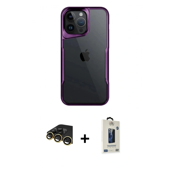 MARSİLYAN™- iPhone 14 Pro Max Kılıf Akış Çizgi Koleksiyonu - Siyah Bilvis Hayalet Cam Ekran Koruyucu + Raze Metal Kamera Lens - GD
