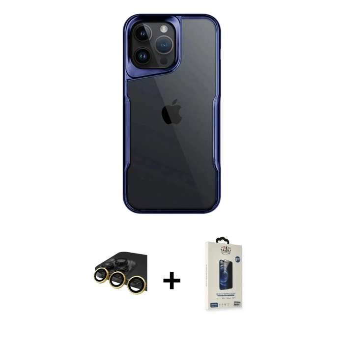 MARSİLYAN™- iPhone 14 Pro Max Kılıf Akış Çizgi Koleksiyonu - Siyah Bilvis Hayalet Cam Ekran Koruyucu + Raze Metal Kamera Lens - GD