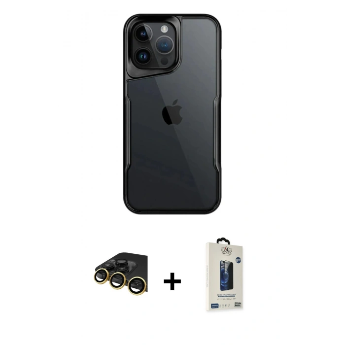 MARSİLYAN™- iPhone 14 Pro Max Kılıf Akış Çizgi Koleksiyonu - Siyah Bilvis Hayalet Cam Ekran Koruyucu + Raze Metal Kamera Lens - GD
