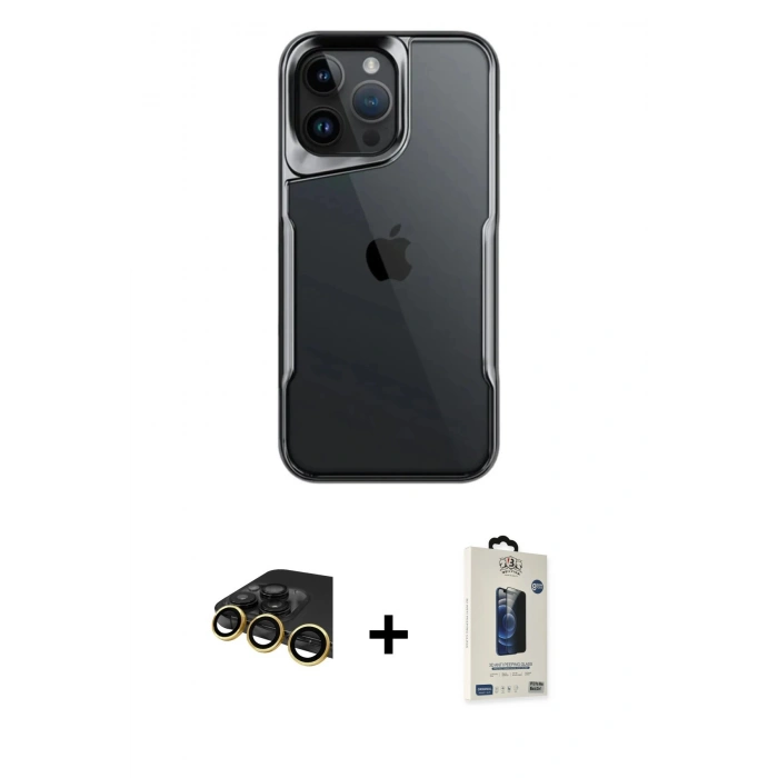 MARSİLYAN™- iPhone 14 Pro Max Kılıf Akış Çizgi Koleksiyonu - Siyah Bilvis Hayalet Cam Ekran Koruyucu + Raze Metal Kamera Lens - GD