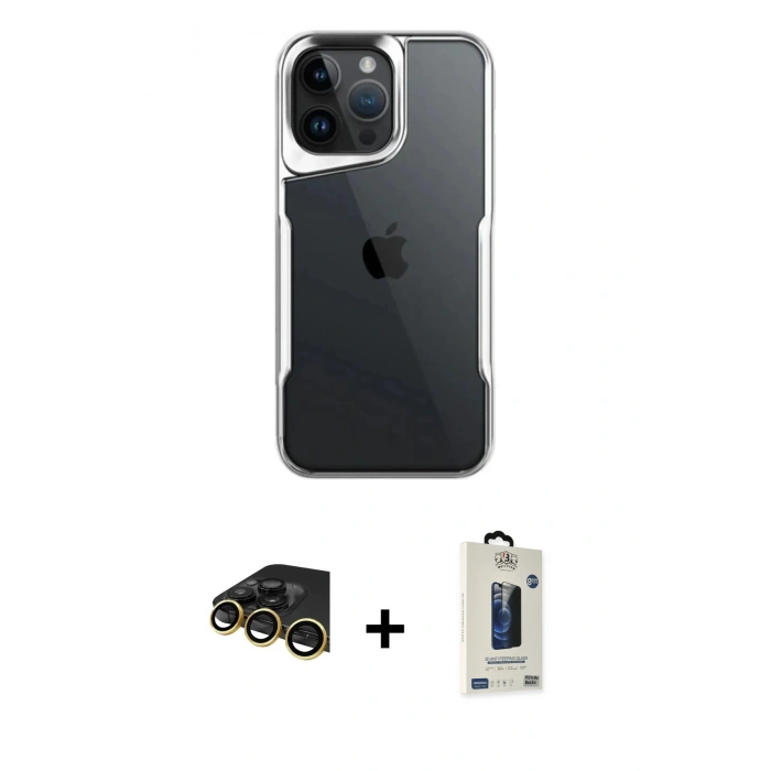 MARSİLYAN™- iPhone 14 Pro Max Kılıf Akış Çizgi Koleksiyonu - Siyah Bilvis Hayalet Cam Ekran Koruyucu + Raze Metal Kamera Lens - GD