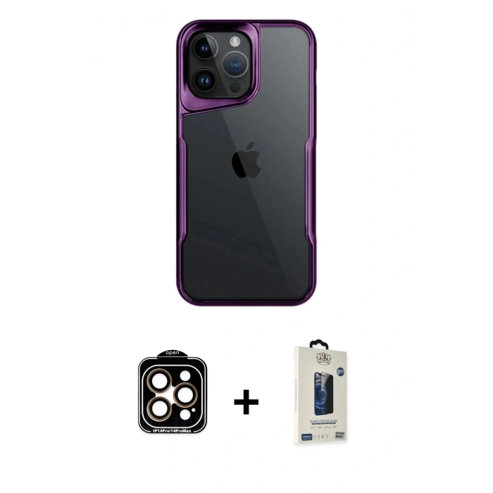 MARSİLYAN™- iPhone 14 Pro Max Kılıf Akış Çizgi Koleksiyonu - Siyah Bilvis Hayalet Cam Ekran Koruyucu + Turuncu PVD Metal Kamera Lens