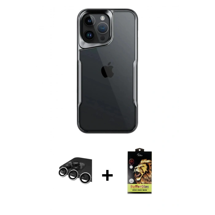 MARSİLYAN™- iPhone 14 Pro Max Kılıf Akış Çizgi Koleksiyonu - Siyah Buffer Cam Ekran Koruyucu + Raze Metal Kamera Lens - GS