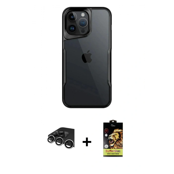 MARSİLYAN™- iPhone 14 Pro Max Kılıf Akış Çizgi Koleksiyonu - Siyah Buffer Cam Ekran Koruyucu + Raze Metal Kamera Lens - GS