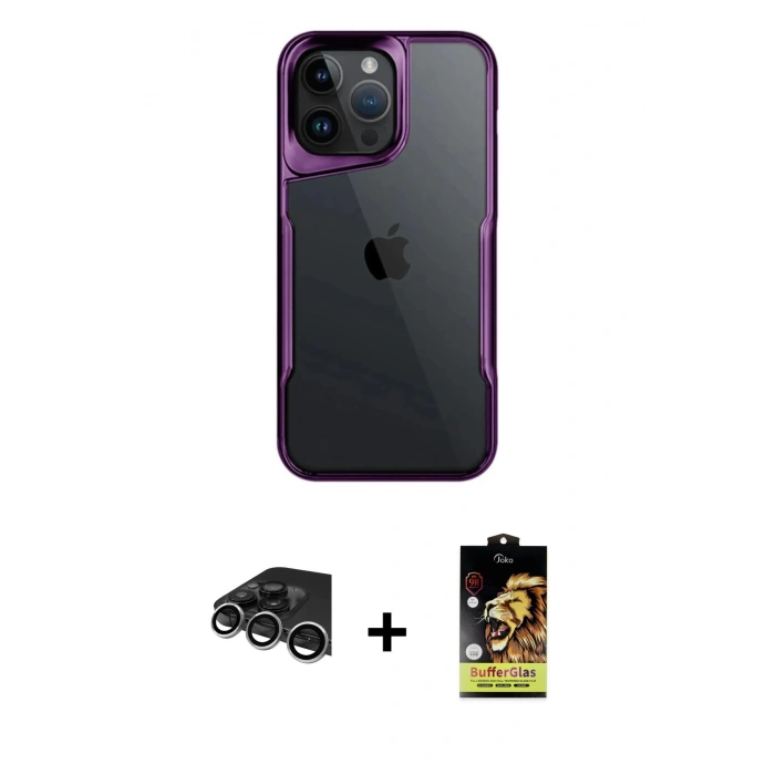 MARSİLYAN™- iPhone 14 Pro Max Kılıf Akış Çizgi Koleksiyonu - Siyah Buffer Cam Ekran Koruyucu + Raze Metal Kamera Lens - GS
