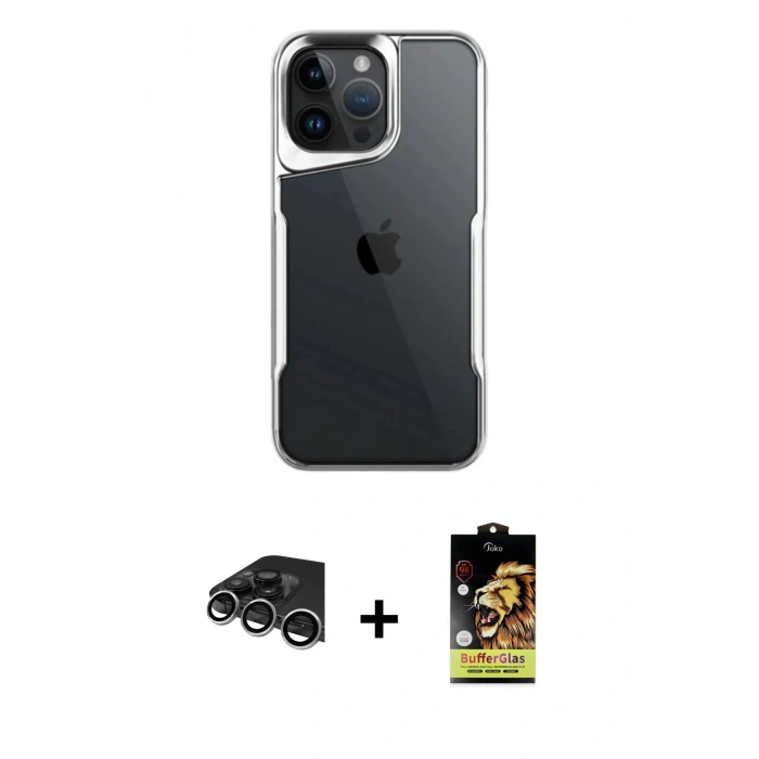 MARSİLYAN™- iPhone 14 Pro Max Kılıf Akış Çizgi Koleksiyonu - Siyah Buffer Cam Ekran Koruyucu + Raze Metal Kamera Lens - GS