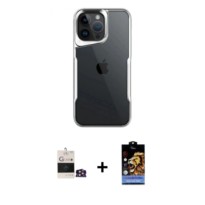 MARSİLYAN™- iPhone 14 Pro Max Kılıf Akış Çizgi Koleksiyonu - Siyah Buffer Hayalet Cam Ekran Koruyucu + Bilvis Titan Kamera Lens - GD