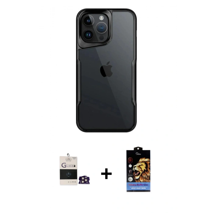 MARSİLYAN™- iPhone 14 Pro Max Kılıf Akış Çizgi Koleksiyonu - Siyah Buffer Hayalet Cam Ekran Koruyucu + Bilvis Titan Kamera Lens - GD