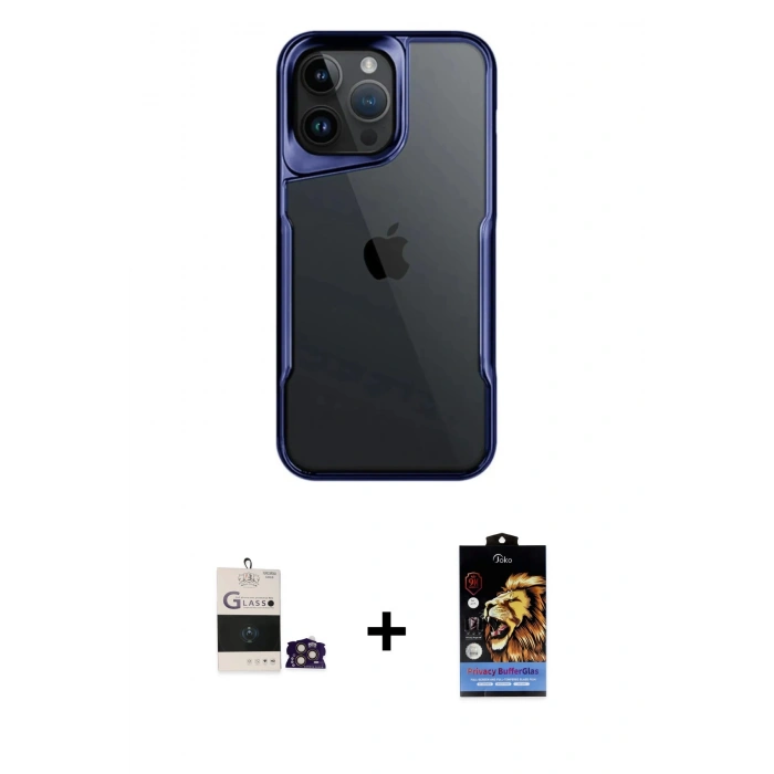 MARSİLYAN™- iPhone 14 Pro Max Kılıf Akış Çizgi Koleksiyonu - Siyah Buffer Hayalet Cam Ekran Koruyucu + Bilvis Titan Kamera Lens - GD