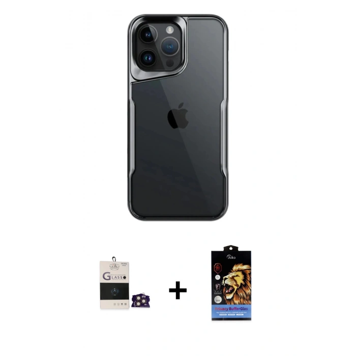 MARSİLYAN™- iPhone 14 Pro Max Kılıf Akış Çizgi Koleksiyonu - Siyah Buffer Hayalet Cam Ekran Koruyucu + Bilvis Titan Kamera Lens - GD
