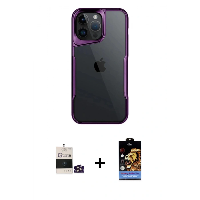 MARSİLYAN™- iPhone 14 Pro Max Kılıf Akış Çizgi Koleksiyonu - Siyah Buffer Hayalet Cam Ekran Koruyucu + Bilvis Titan Kamera Lens - GD