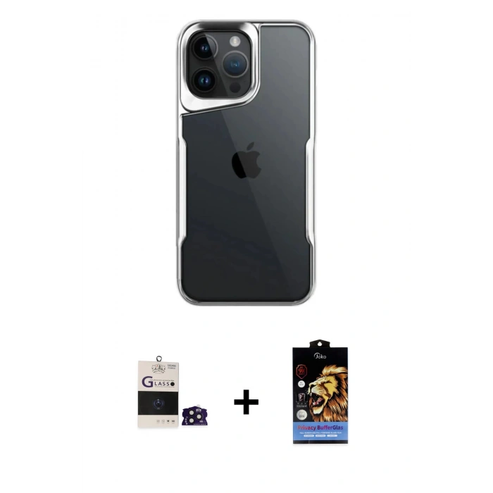MARSİLYAN™- iPhone 14 Pro Max Kılıf Akış Çizgi Koleksiyonu - Siyah Buffer Hayalet Cam Ekran Koruyucu + Derin Mor Bilvis Titan Kamera Lens