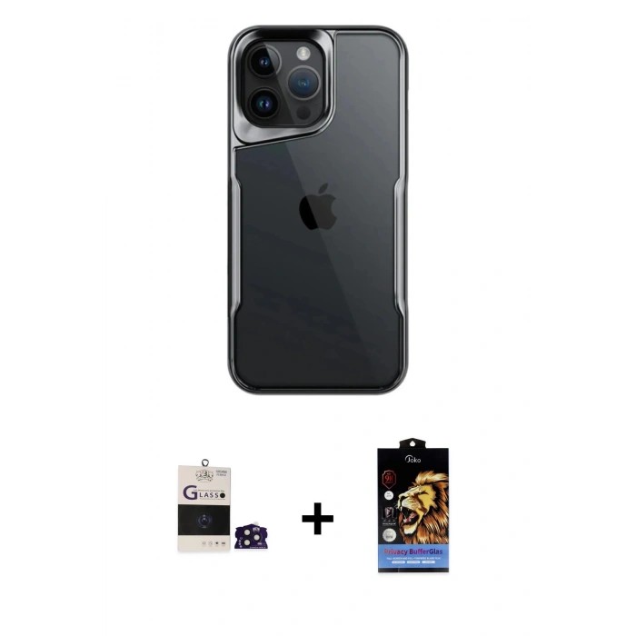 MARSİLYAN™- iPhone 14 Pro Max Kılıf Akış Çizgi Koleksiyonu - Siyah Buffer Hayalet Cam Ekran Koruyucu + Derin Mor Bilvis Titan Kamera Lens