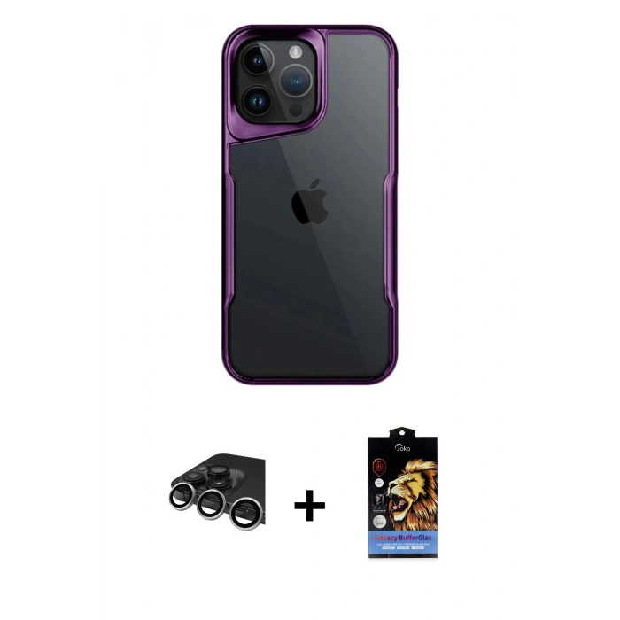 MARSİLYAN™- iPhone 14 Pro Max Kılıf Akış Çizgi Koleksiyonu - Siyah Buffer Hayalet Cam Ekran Koruyucu + Raze Metal Kamera Lens - GS