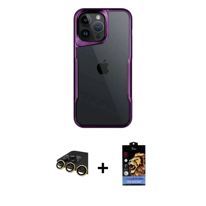MARSİLYAN™- iPhone 14 Pro Max Kılıf Akış Çizgi Koleksiyonu - Siyah Buffer Hayalet Cam Ekran Koruyucu + Raze Metal Kamera Lens - GD