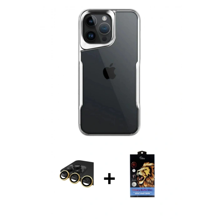 MARSİLYAN™- iPhone 14 Pro Max Kılıf Akış Çizgi Koleksiyonu - Siyah Buffer Hayalet Cam Ekran Koruyucu + Raze Metal Kamera Lens - GD