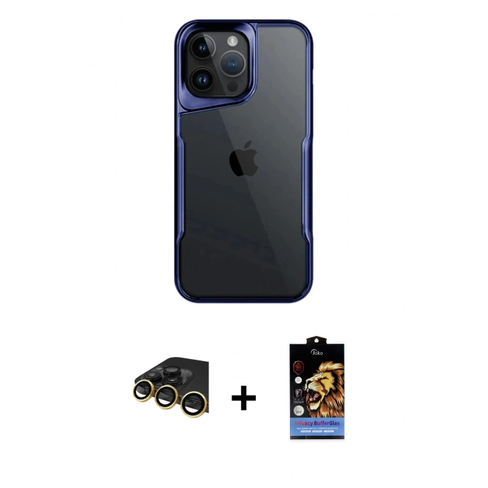MARSİLYAN™- iPhone 14 Pro Max Kılıf Akış Çizgi Koleksiyonu - Siyah Buffer Hayalet Cam Ekran Koruyucu + Raze Metal Kamera Lens - GD