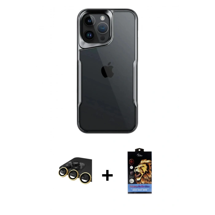 MARSİLYAN™- iPhone 14 Pro Max Kılıf Akış Çizgi Koleksiyonu - Siyah Buffer Hayalet Cam Ekran Koruyucu + Raze Metal Kamera Lens - GD