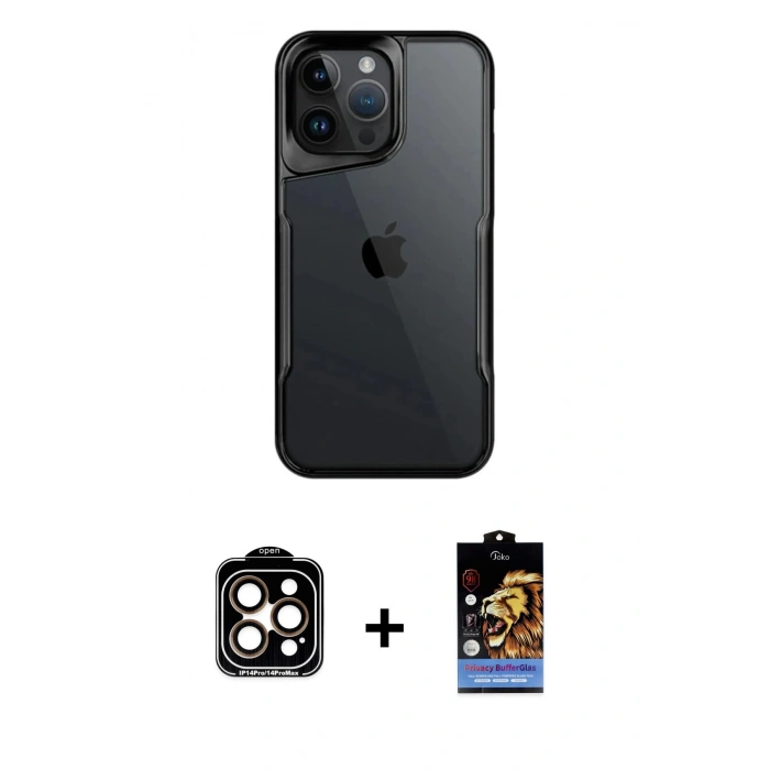 MARSİLYAN™- iPhone 14 Pro Max Kılıf Akış Çizgi Koleksiyonu - Siyah Buffer Hayalet Cam Ekran Koruyucu + PVD Metal Kamera Lens - TU