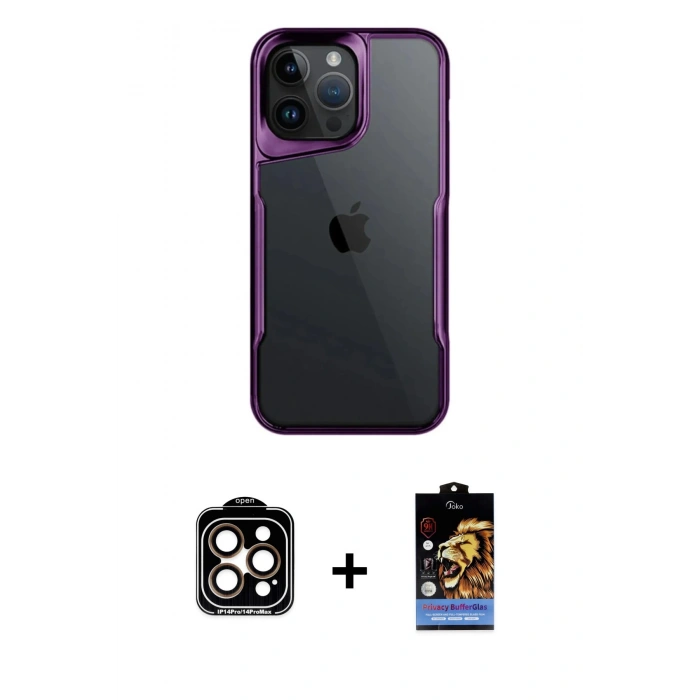 MARSİLYAN™- iPhone 14 Pro Max Kılıf Akış Çizgi Koleksiyonu - Siyah Buffer Hayalet Cam Ekran Koruyucu + PVD Metal Kamera Lens - TU