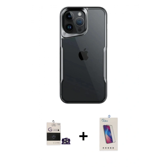 MARSİLYAN™- iPhone 14 Pro Max Kılıf Akış Çizgi Koleksiyonu - Siyah Joko 5D Cam + Bilvis Titan Kamera Lens - GS