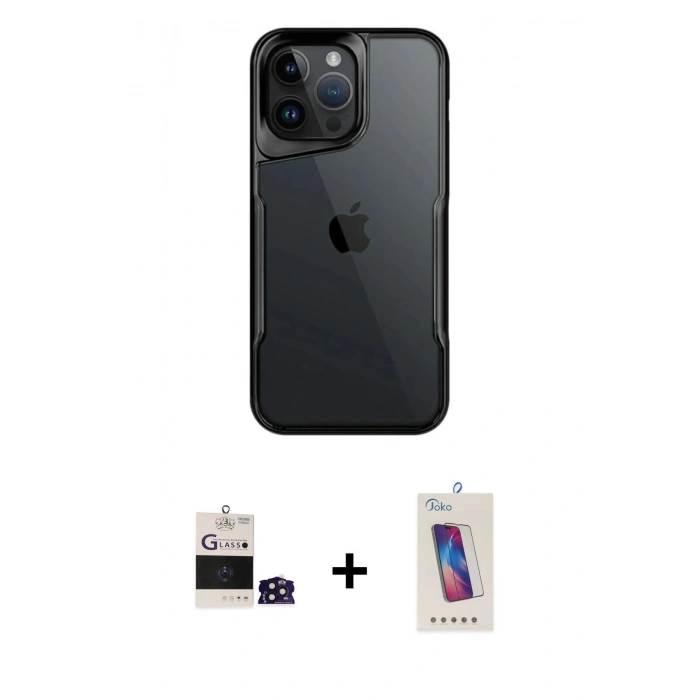 MARSİLYAN™- iPhone 14 Pro Max Kılıf Akış Çizgi Koleksiyonu - Siyah Joko 5D Cam + Bilvis Titan Kamera Lens - DNMR