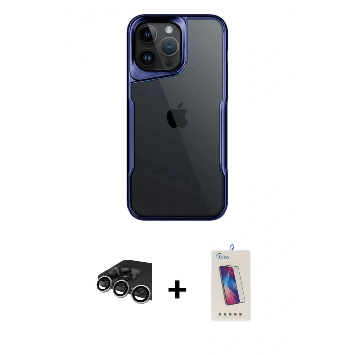 MARSİLYAN™- iPhone 14 Pro Max Kılıf Akış Çizgi Koleksiyonu - Siyah Joko 5D Cam + Raze Metal Kamera Lens - GS