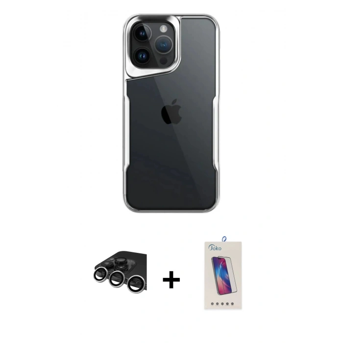 MARSİLYAN™- iPhone 14 Pro Max Kılıf Akış Çizgi Koleksiyonu - Siyah Joko 5D Cam + Raze Metal Kamera Lens - GS
