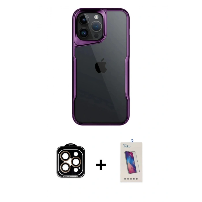 MARSİLYAN™- iPhone 14 Pro Max Kılıf Akış Çizgi Koleksiyonu - Siyah Joko 5D Cam + PVD Metal Kamera Lens - TU