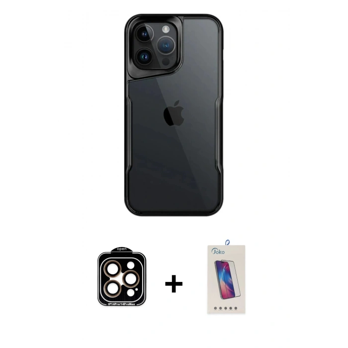 MARSİLYAN™- iPhone 14 Pro Max Kılıf Akış Çizgi Koleksiyonu - Siyah Joko 5D Cam + PVD Metal Kamera Lens - TU