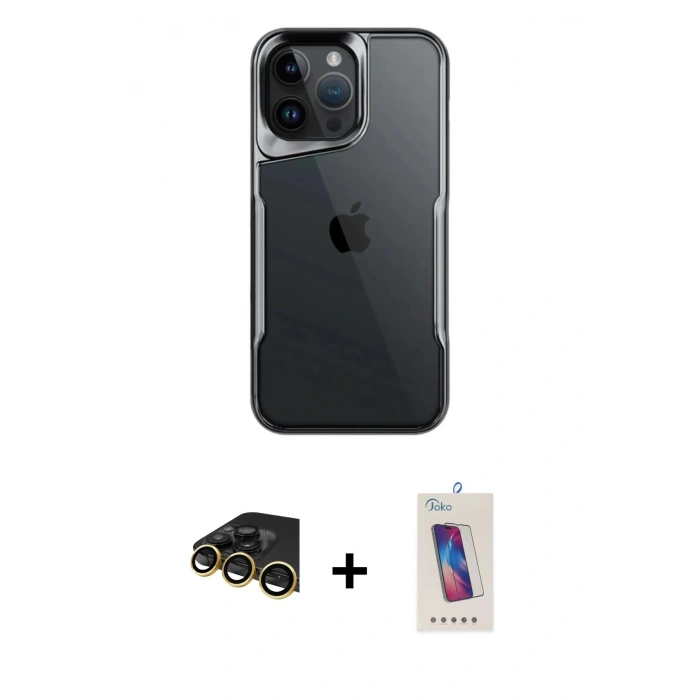 MARSİLYAN™- iPhone 14 Pro Max Kılıf Akış Çizgi Koleksiyonu - Siyah Joko 5D Cam + Raze Metal Kamera Lens - GD