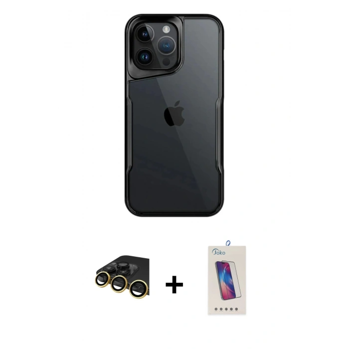 MARSİLYAN™- iPhone 14 Pro Max Kılıf Akış Çizgi Koleksiyonu - Siyah Joko 5D Cam + Raze Metal Kamera Lens - GD