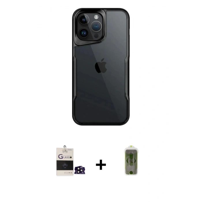 MARSİLYAN™- iPhone 14 Pro Max Kılıf Akış Çizgi Koleksiyonu - Siyah Joko Magic 5D Hayalet Cam + Bilvis Titan Kamera Lens - SH