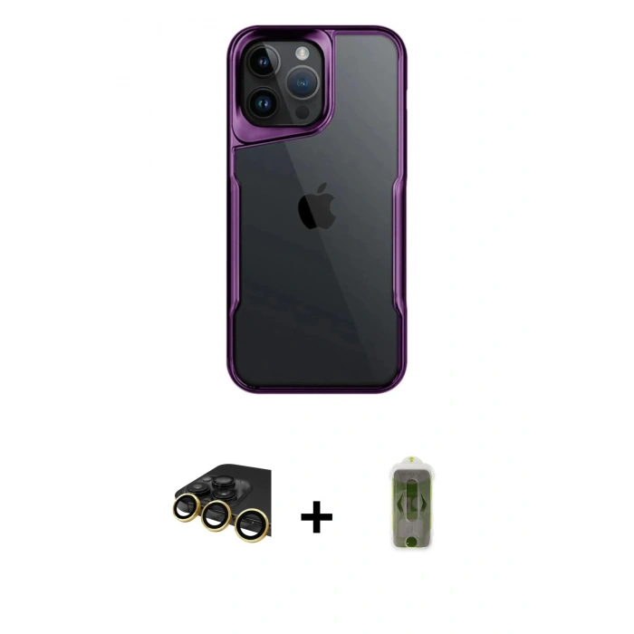 MARSİLYAN™- iPhone 14 Pro Max Kılıf Akış Çizgi Koleksiyonu - Siyah Joko Magic 5D Hayalet Cam + Raze Metal Kamera Lens - GD