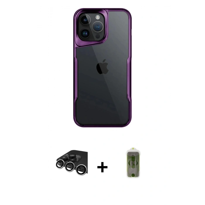 MARSİLYAN™- iPhone 14 Pro Max Kılıf Akış Çizgi Koleksiyonu - Siyah Joko Magic 5D Hayalet Cam + Raze Metal Kamera Lens - GS