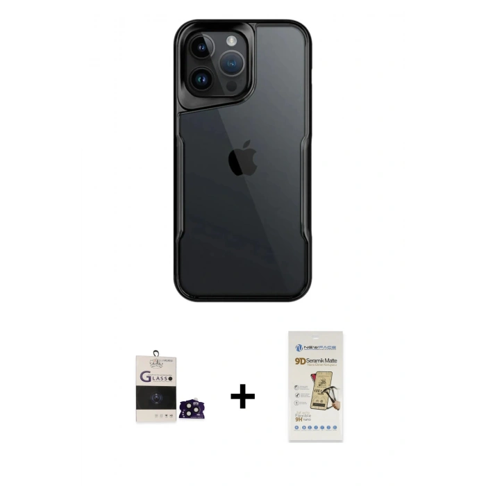 MARSİLYAN™- iPhone 14 Pro Max Kılıf Akış Çizgi Koleksiyonu - Siyah Mat Seramik Nano Ekran Koruyucu + Bilvis Titan Kamera Lens - SH